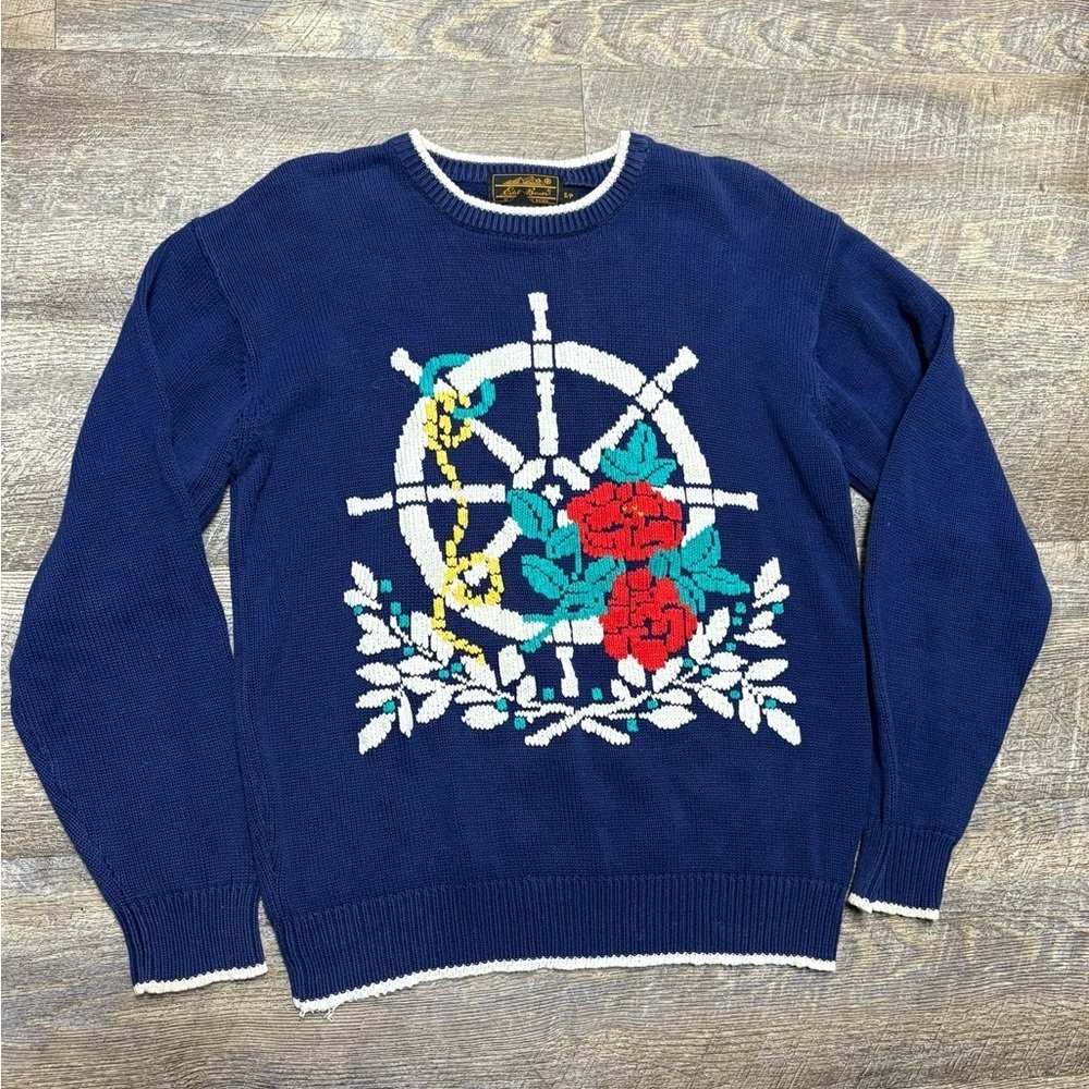 Vintage Eddie Bauer Nautical Themed Blue Sweater with Floral Design